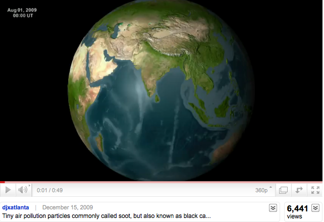 This scientific data visualization uses data from the GEOS5 GOCART climate model to show black carbon's atmospheric concentration from August to November in 2009. Asia's whispy black carbon plumes